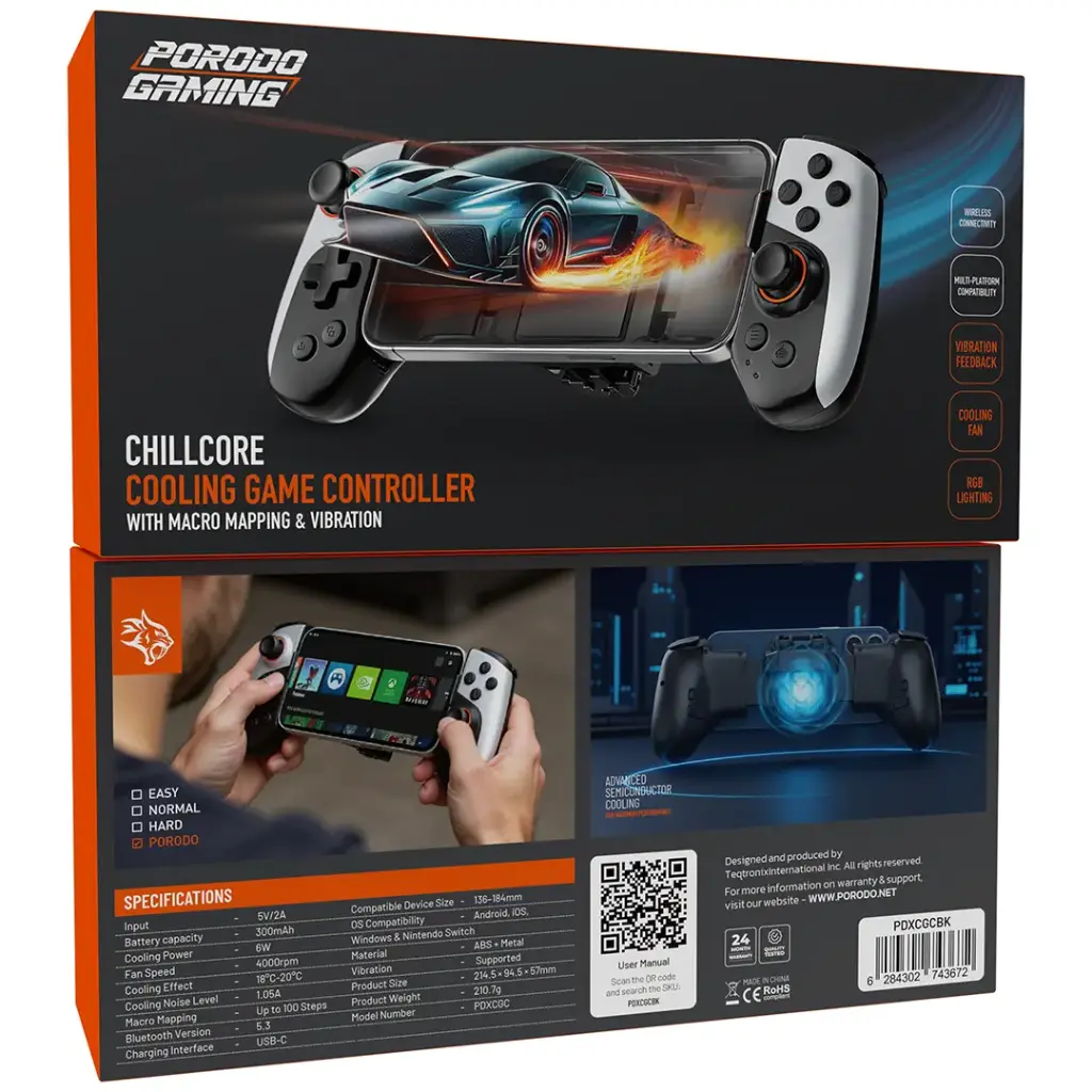 PORODO Gaming CHILLCORE Cooling Game Controller with Macro Mapping & Vibration